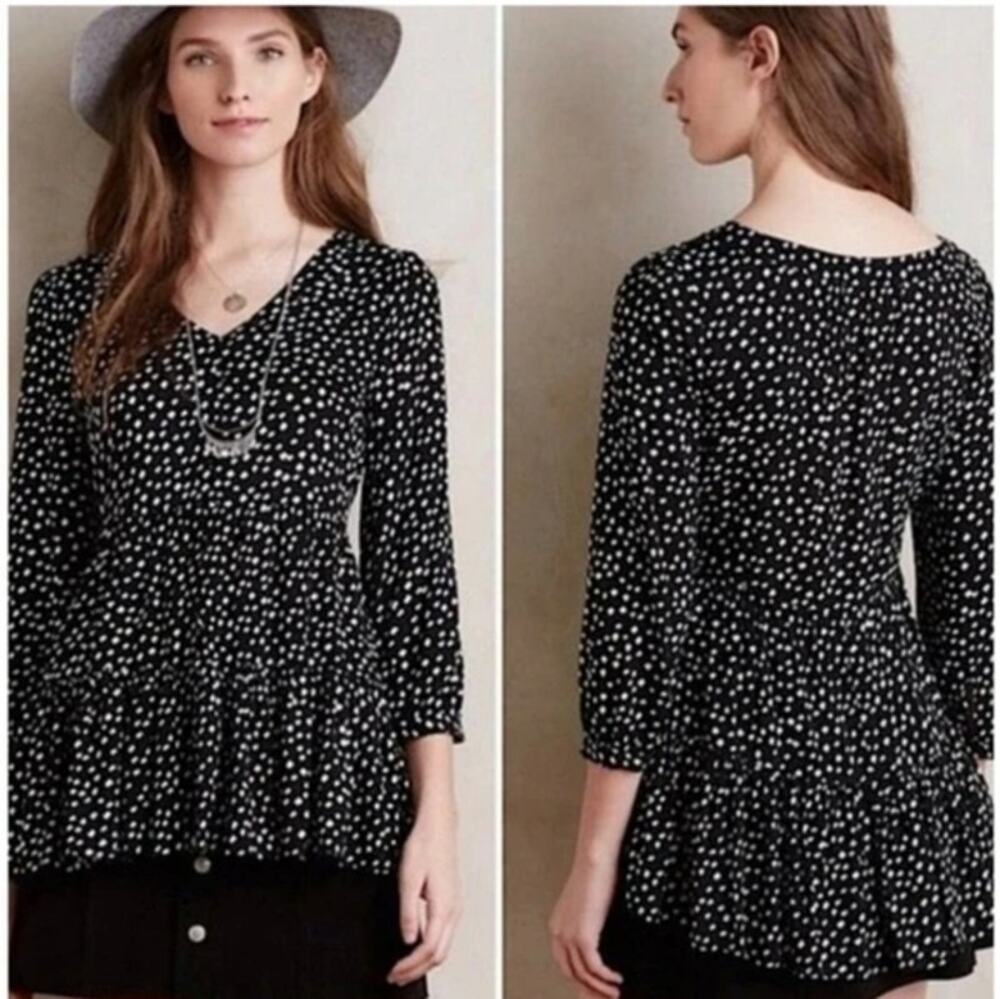 Maeve Anthropologie Black White Lila Spotted Tiered Tunic Top Size XS
